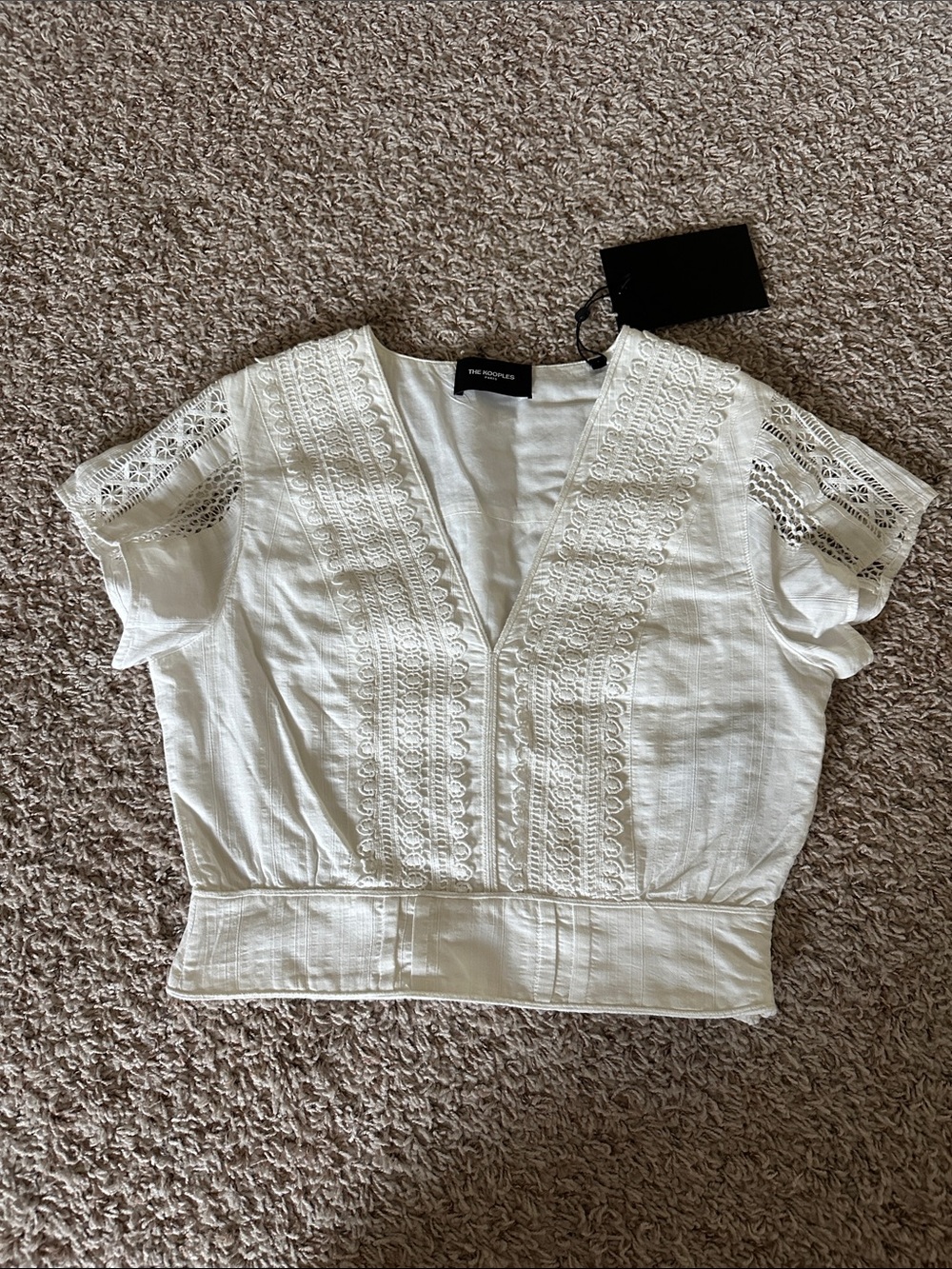 The Kooples White Cotton Lace-Trim V-Neck Blouse, French size 1
